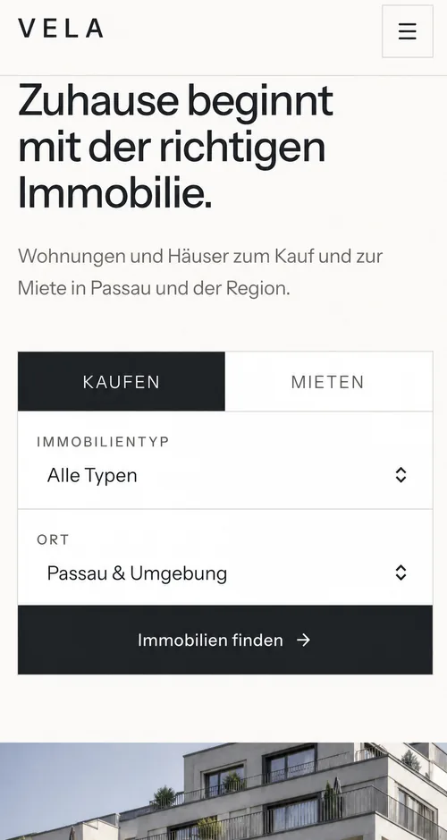 Musterprojekt Immobilien – mobile Ansicht der Website mit Unterseiten